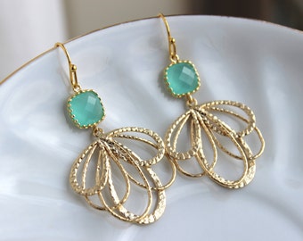 Gold Mint Feather Earrings Aqua Blue Jewelry - Mint Bridesmaid Earrings - Gold Bridal Earrings - Wedding Jewelry - Blue Minimalist Jewelry