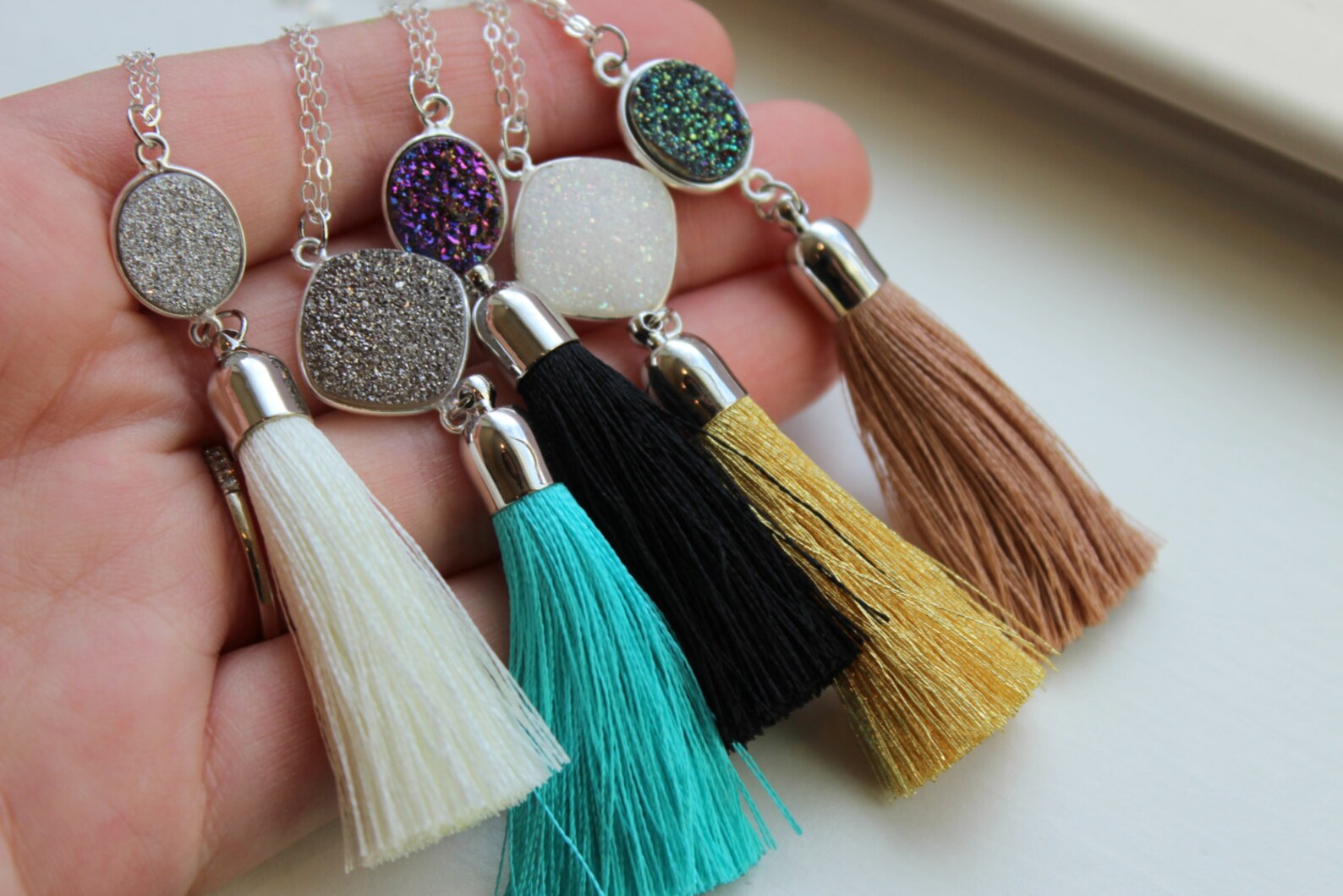 Silver Tassel Necklace Drusy Jewelry Drusy Necklace Fringe Etsy