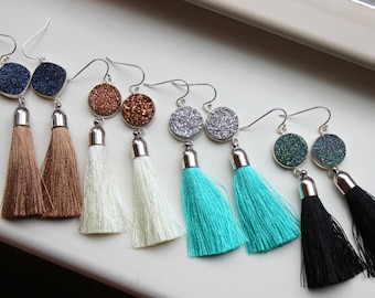 Silver Druzy Earrings Tassel Earrings Drusy Fringe Jewelry - Christmas Gift Tassel Statement Jewelry - Silver Fringe Jewelry Tassel