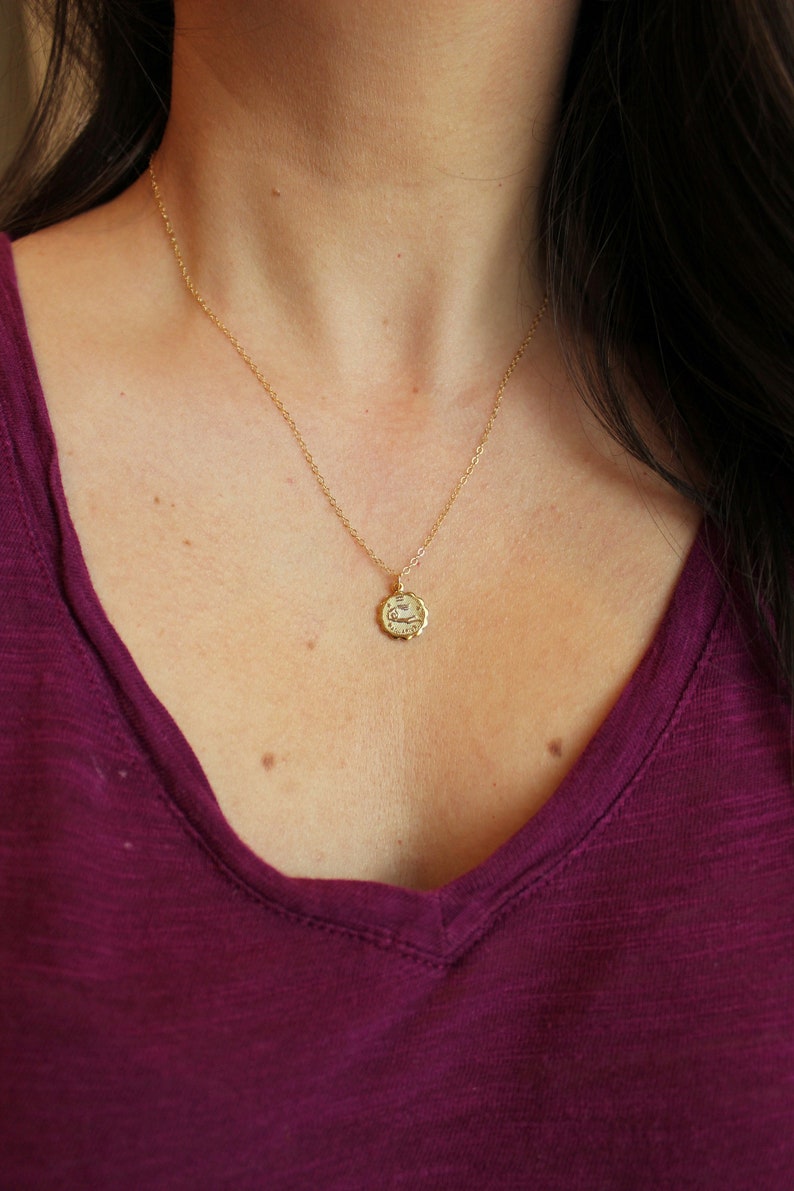 Puede incluir: Un collar de cadena dorada con un peque&ntilde;o colgante redondo que presenta un s&iacute;mbolo del zod&iacute;aco. El colgante est&aacute; detallado con un borde texturizado y un dise&ntilde;o delicado.
