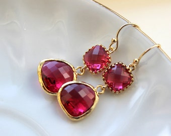 Fuchsia Earrings Pink Gold - Bridesmaid Earrings - Bridal Earrings - Hot Pink Wedding Jewelry - Wedding Earrings - Gift under 35