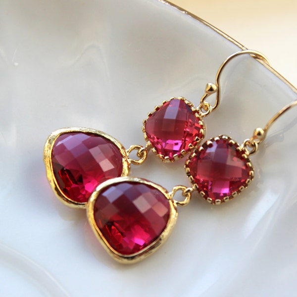 Fuchsia Earrings Pink Gold - Bridesmaid Earrings - Bridal Earrings - Hot Pink Wedding Jewelry - Wedding Earrings - Gift under 35