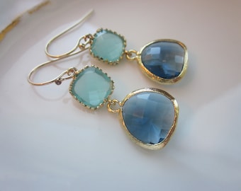 Aqua Blue Earrings Sapphire Gold Plated - Bridesmaid Earrings - Wedding Earrings - Valentines Day Gift