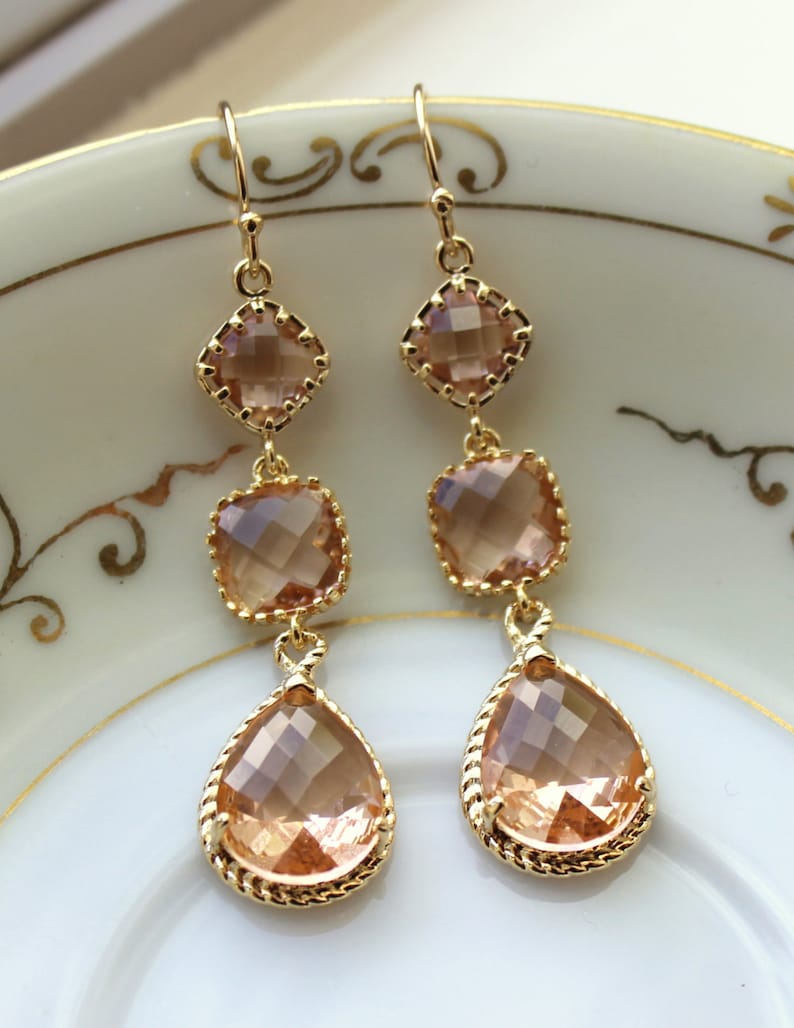 Champagne Blush Earrings Gold Three Tier Peach Blush Etsy