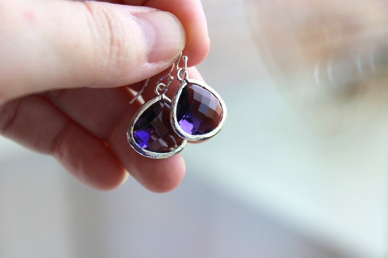 Large Tanzanite Earrings Silver Plated Purple Glass Pendant - Etsy
