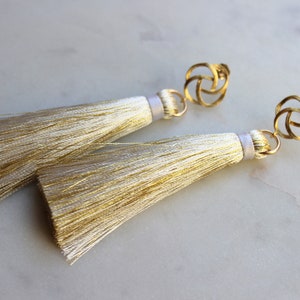Gold Stud Earrings, Gold Tassel Earrings, White and Gold Earrings ...