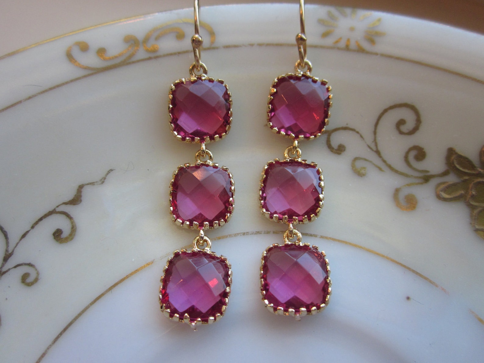 Fuchsia Earrings Hot Pink Gold Wedding Earrings Bridesmaid Etsy