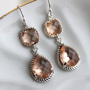 Blush Champagne Earrings Peach Pink Silver Earrings Teardrop Glass Two Tier - Bridesmaid Earrings Wedding Earrings Bridesmaid Jewelry