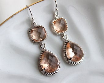 Blush Champagne Earrings Peach Pink Silver Earrings Teardrop Glass Two Tier - Bridesmaid Earrings Wedding Earrings Bridesmaid Jewelry