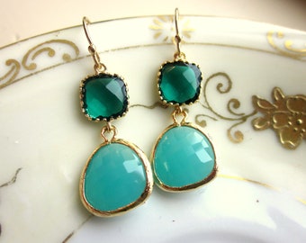 Emerald Green Earrings Aqua Blue Two Tier - Bridesmaid Earrings - Wedding Earrings - Valentines Day Gift