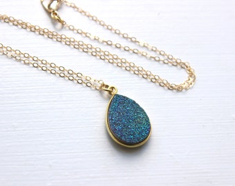 Gold Green Druzy Necklace Natural Druzy Jewelry Teal Drusy Necklace Jewelry - Greenish Blue Druzy Christmas Gift Teardrop Statement Jewelry