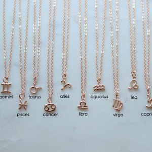 May include: Twelve gold necklaces with zodiac signs as pendants. The signs are: Scorpio, Gemini, Pisces, Taurus, Aries, Aquarius, Virgo, Leo, Capricorn, Sagittarius, Libra, and Cancer.