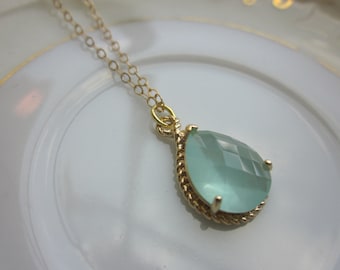 Pacific Aqua Blue Mint Pendant Necklace Gold Teardrop - 14k Gold Filled Chain - Bridesmaid Necklace - Bridesmaid Jewelry - Wedding Jewelry