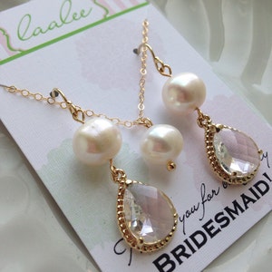 Pearl Jewelry Set, Crystal Jewelry Set, Bridesmaid Jewelry Set Freshwater Pearl Earrings Pearl Necklace Gold Crystal Jewelry Wedding Jewelry