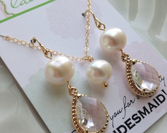 Pearl Jewelry Set, Crystal Jewelry Set, Bridesmaid Jewelry Set Freshwater Pearl Earrings Pearl Necklace Gold Crystal Jewelry Wedding Jewelry
