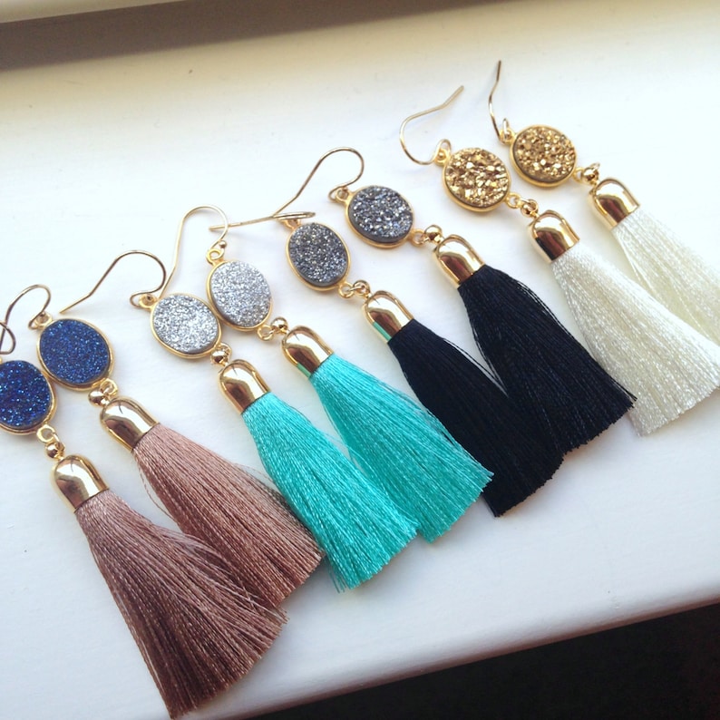 Jewelry Gift, Gold Tassel Earrings, Druzy Jewelry, Gold Druzy Earrings, Statement Earrings, Fringe Earrings Wanderlust Jewelry 30th birthday image 2