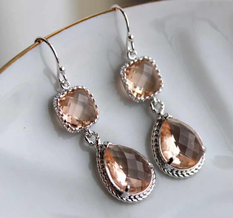 Blush Champagne Earrings Peach Pink Silver Earrings Teardrop Etsy