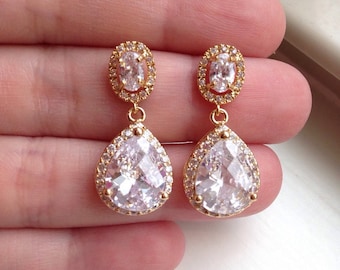 Large Gold Two Tiered Teardrop Crystal CZ Earrings - Stud Post Gold Crystal Clear Earrings - Crystal Jewelry - Bridal Earrings