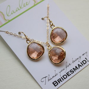 Champagne Blush Jewelry Set Peach Pink Gold Necklace and Earring Set - Personalized Card Thank you for being my bridesmaid - Blush Jewelry