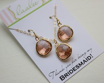 Champagne Blush Jewelry Set Peach Pink Gold Necklace and Earring Set - Personalized Card Thank you for being my bridesmaid - Blush Jewelry