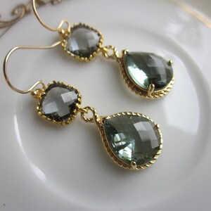 Charcoal Gray Earrings Gold Earrings Teardrop Glass Two Tier Bridesmaid Earrings Wedding Earrings Wedding Jewelry image 5