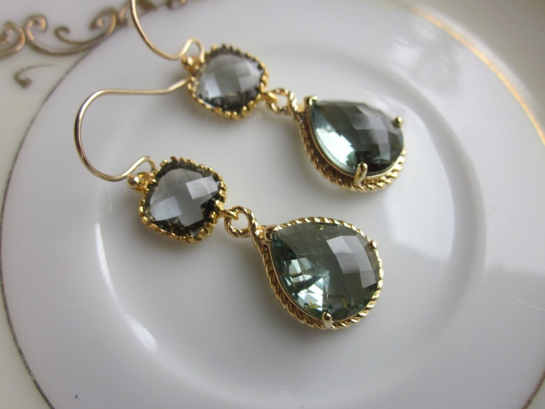 Charcoal Gray Earrings Gold Earrings Teardrop Glass Two Tier Bridesmaid Earrings Wedding Earrings Wedding Jewelry image 5