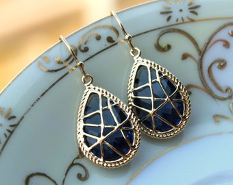 Pendientes de zafiro azul azul oro lágrima joyería marina dama de honor pendientes - pendientes de novia - pendientes de boda - joyería de boda de zafiro