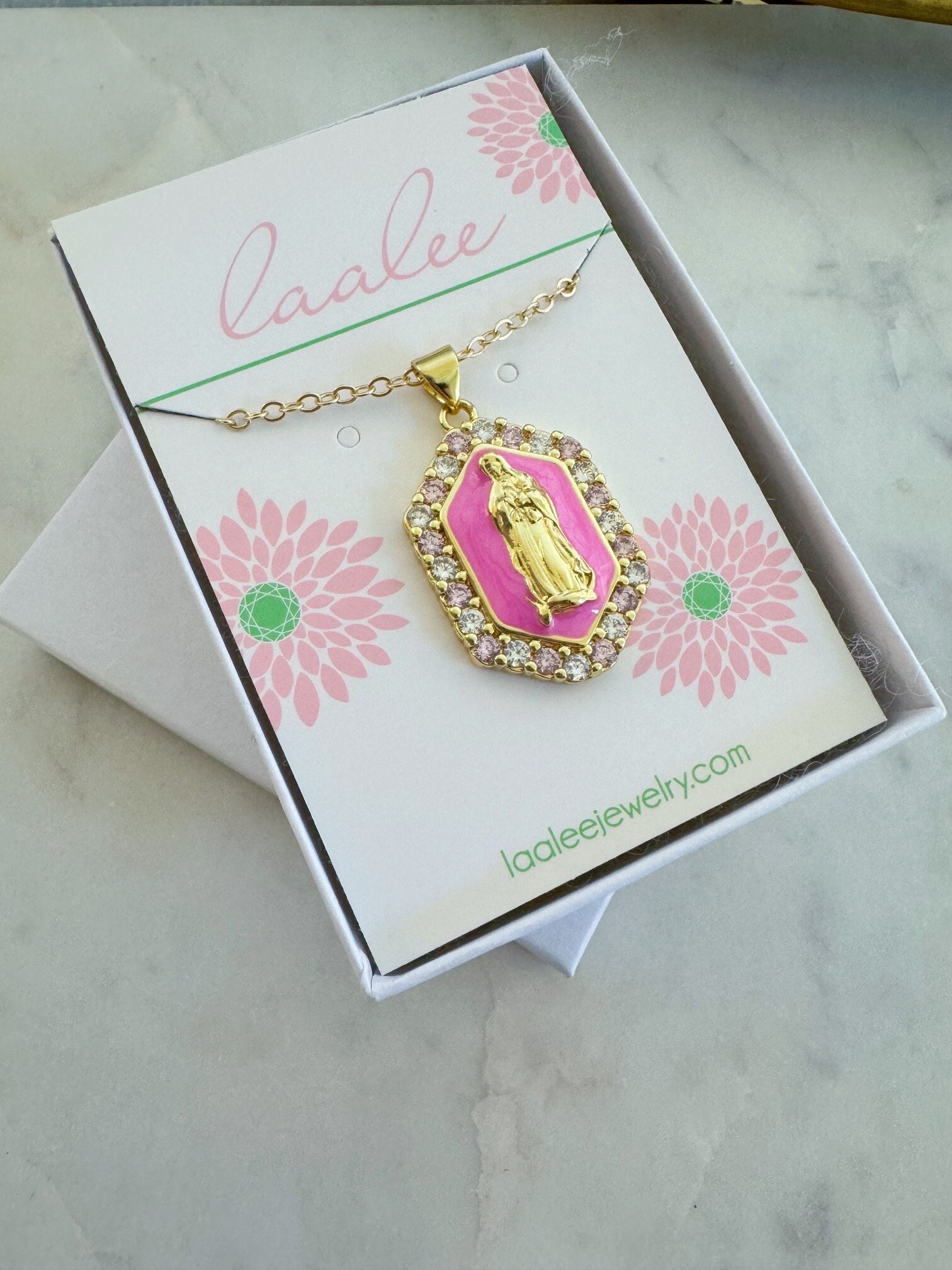 Pink Virgin Mary Necklace, Crystal Mary Pendant, 14k Gold Filled Chain, Statement Jewelry, Gift For Religious, Easter Gift, Mothers Day Gift