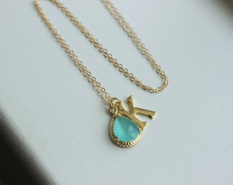 Any Letter & Color Pendant - Mint Initial Necklace Letter Jewelry Charm Personalized Necklace Monogram Necklace Letter K Bridesmaid Gift