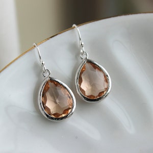 Blush Champagne Earrings Silver Peach Teardrop Jewelry - Pink Bridesmaid Earrings Wedding Jewelry Bridal Earrings Blush Bridesmaid Jewelry