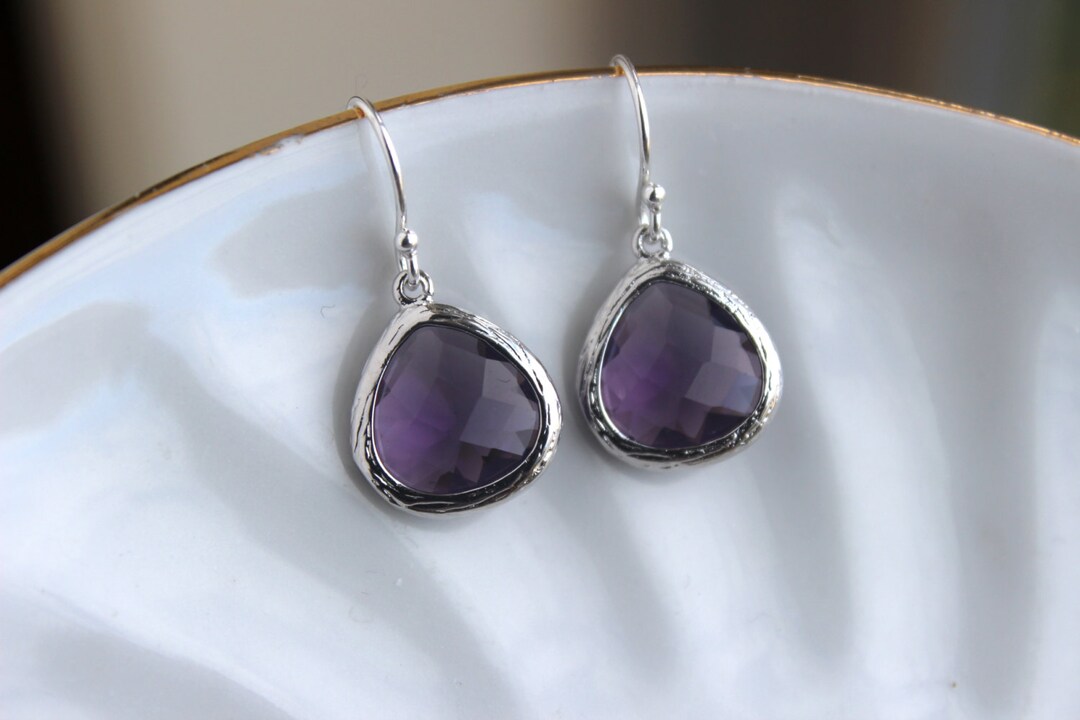Silver Amethyst Earrings Purple Glass Amethyst Purple - Etsy