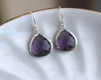 Silver Amethyst Earrings Purple Glass - Amethyst Purple Bridesmaid Earrings - Bridal Earrings - Wedding Jewelry - Bridesmaid Gift
