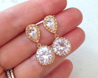 Gold Crystal Stud Earrings Teardrop Clear Jewelry - Crystal Bridal Earrings - CZ Clear gold Bridal Accessories Wedding Bridesmaid Jewelry