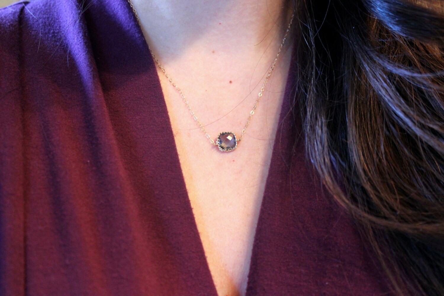 Dainty Charcoal Gray Necklace Gold Filled Chain Charm Etsy