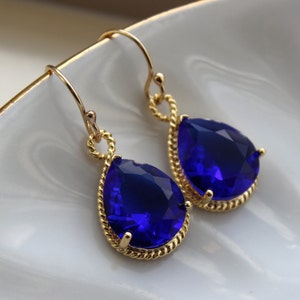 Gold Cobalt Blue Earrings Electric Blue Jewelry Earrings Bridesmaid Earrings Electric Blue Wedding Jewelry Bridal Earrings Cobalt Wedding image 1