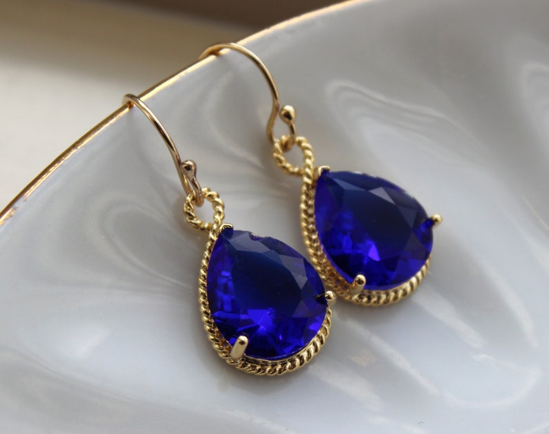Gold Cobalt Blue Earrings Electric Blue Jewelry Earrings Bridesmaid Earrings Electric Blue Wedding Jewelry Bridal Earrings Cobalt Wedding image 1