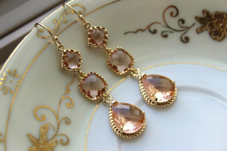 Champagne Blush Earrings Gold Three Tier Peach Blush Etsy
