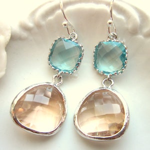 Champagne Peach Earrings Aquamarine Silver Two Tier - Bridesmaid Earrings - Wedding Earrings - Valentines Day Gift