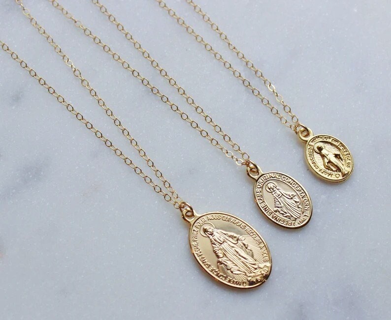 Gold Filled Virgin Mary Necklace Miraculous Medal Necklace, Blessed Mother Necklace, Gold Mary Necklace, Gold Mary Jewelry, Madonna Necklace