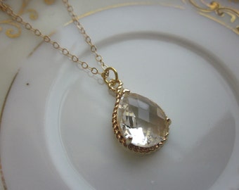 Crystal Necklace Gold Clear Teardrop - 14k Gold Filled Chain - Bridesmaid Necklace - Bridesmaid Jewelry - Bridal Wedding