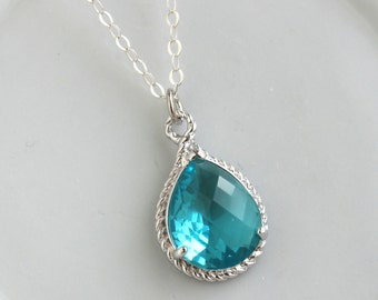 Sea Green Necklace Silver Teardrop Teal Jewelry - Sterling Silver Chain - Teal Bridesmaid Necklace - Teal Bridesmaid Jewelry Wedding Jewelry