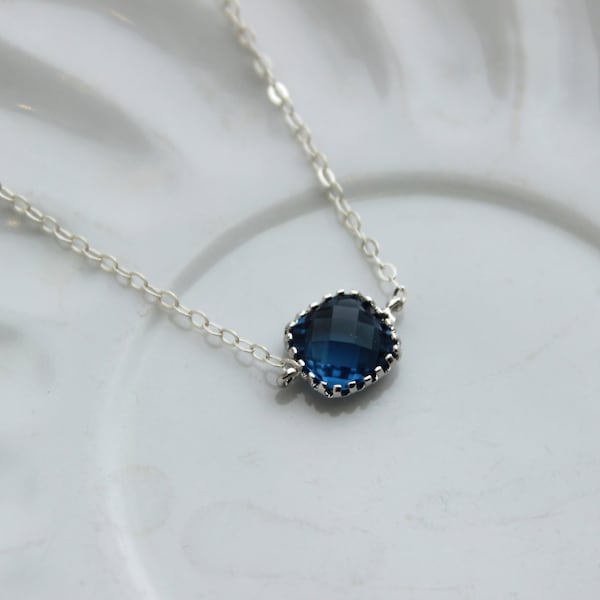 Dainty Sapphire Blue Necklace - Sterling Silver Chain - Charm Necklace Navy Blue Bridesmaid Necklace - Blue Wedding Jewelry - Something Blue