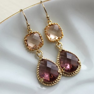 Blush Champagne Eggplant Earrings Gold Purple Earrings Two Tier Bridesmaid Earrings Wedding Earrings Wedding Jewelry Plum Bridesmaid Jewelry