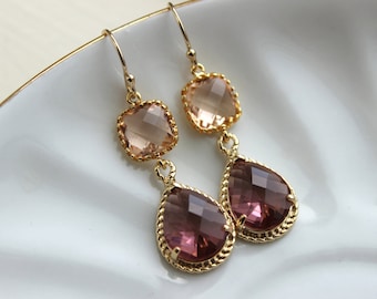 Blush Champagne Eggplant Earrings Gold Purple Earrings Two Tier Bridesmaid Earrings Wedding Earrings Wedding Jewelry Plum Bridesmaid Jewelry