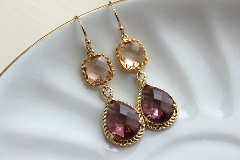 Blush Champagne Eggplant Earrings Gold Purple Earrings Two Etsy