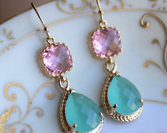 Pacific Aqua Mint Earrings Pink Gold Earrings Teardrop Glass - Bridesmaid Earrings Wedding Earrings Bridesmaid Jewelry Gift Wedding Jewelry