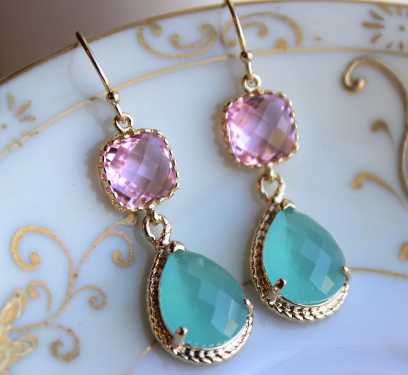 Pacific Aqua Mint Earrings Pink Gold Earrings Teardrop Glass Etsy