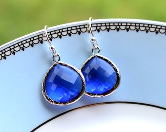 Blue Cobalt Earrings Silver Large Pendant - Sterling Silver Earwires - Wedding Earrings - Bridal Earrings - Bridesmaid Earrings