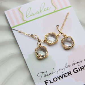 Clear Crystal Necklace and Earring Set Crystal Jewelry Set - Personalized Card - Flower Girl Jewelry Set Bridesmaid Jewelry Set Wedding Set