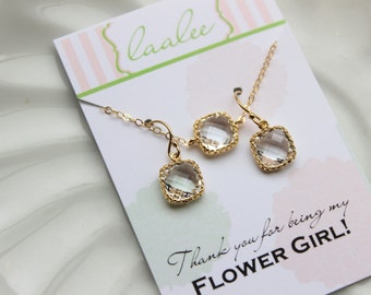 Clear Crystal Necklace and Earring Set Crystal Jewelry Set - Personalized Card - Flower Girl Jewelry Set Bridesmaid Jewelry Set Wedding Set